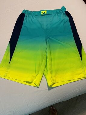 wonder nation Teal to Neon Yellow Gradient Boys Swim Trunks with Navy Panels